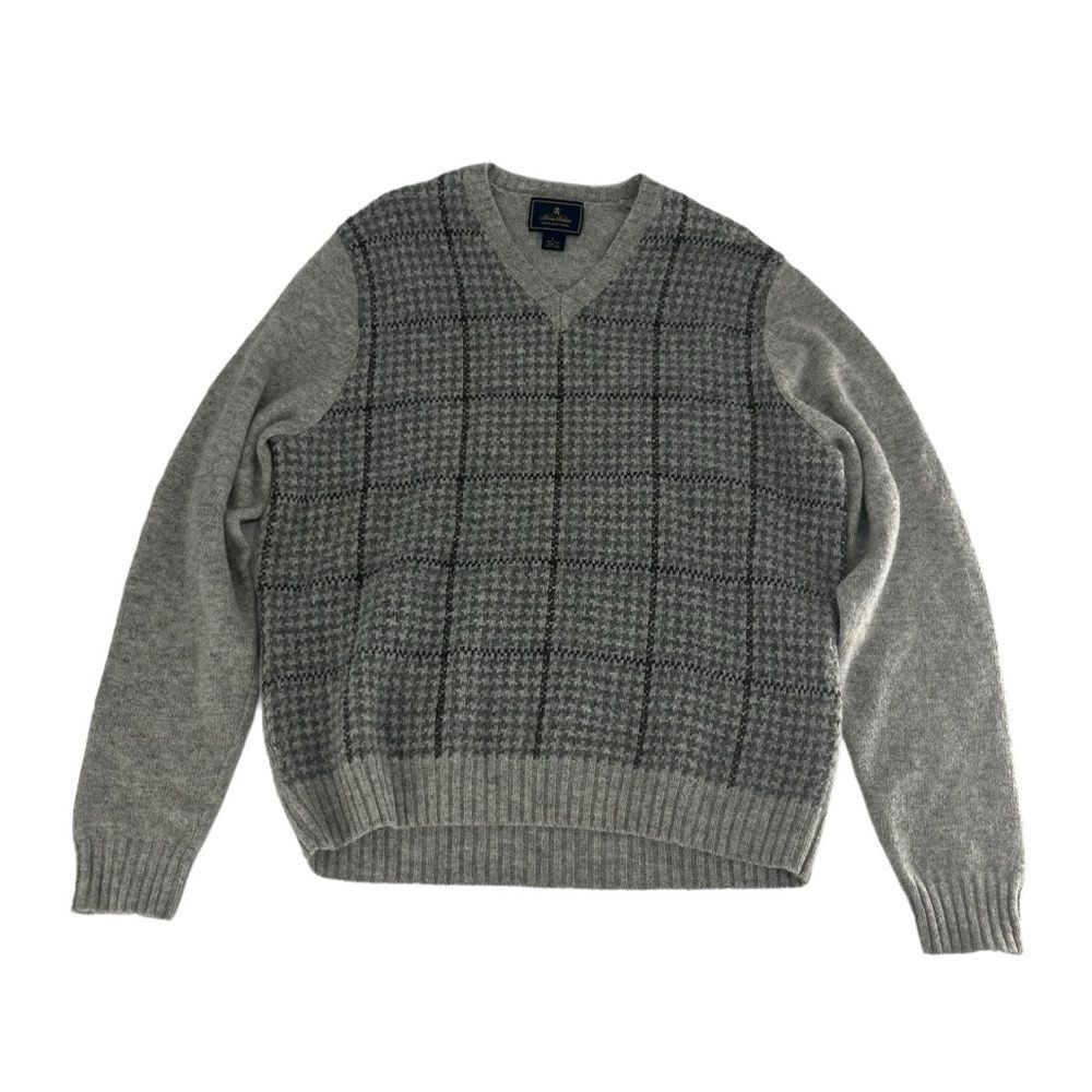 Brooks Brothers Sweater Mens Large Grey Shetland Wool Check V-Neck Houndstooth